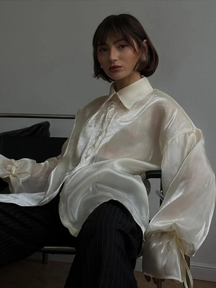 Camisas vintage lisas con mangas acampanadas y cuello alto para mujer, elegantes camisas con solapa y botonadura sencilla con cordones, blusas elegantes de calle para mujer