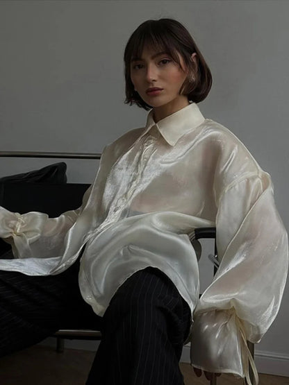 Camisas vintage lisas con mangas acampanadas y cuello alto para mujer, elegantes camisas con solapa y botonadura sencilla con cordones, blusas elegantes de calle para mujer