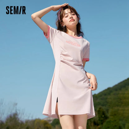 Dress Women Slit to Show Long Legs and Slim Fit  Summer New Contrasted Color Retro Letter Knitted Dress