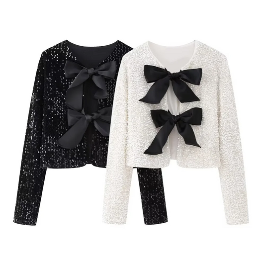 Winter New Women’s Fashion, Casual, Sweet and Versatile Bow Tie with Sequin Top