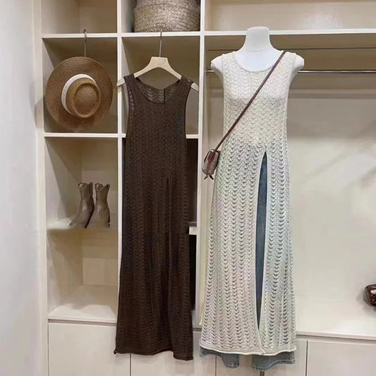 Summer Knitted Dress Women Solid Color Hollow Out Round Neck Sleeveless Slit Hem Crochet Dress 2000s Party Dresses