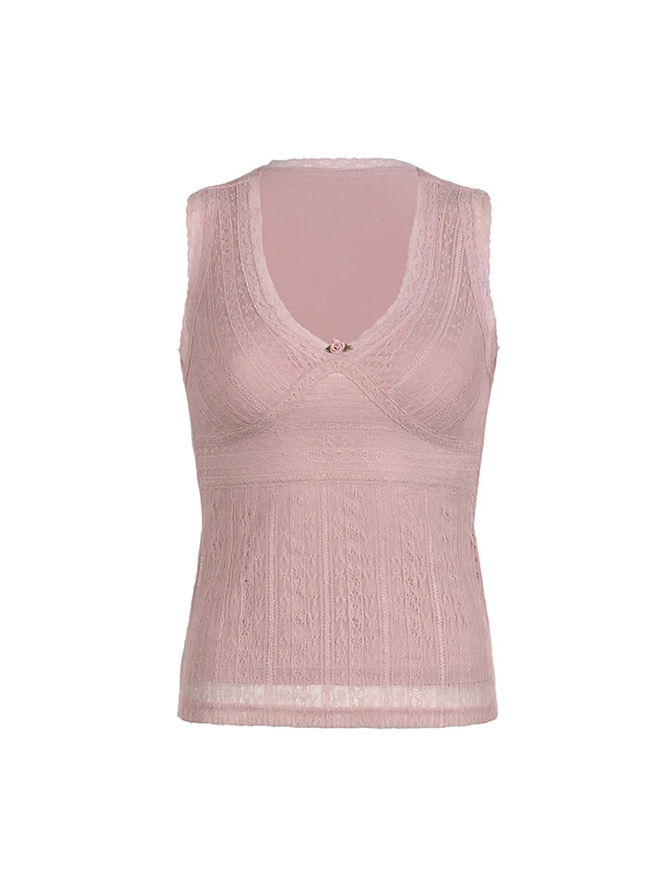 Top sin mangas con cuello en V, dulce y rosa, estilo Y2K, de encaje, estilo kawaii de los años 2000 para mujer