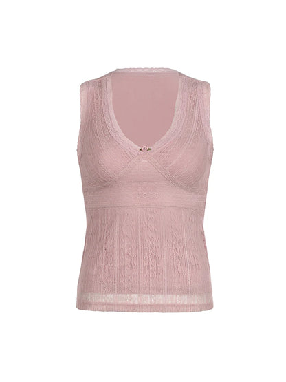 Top sin mangas con cuello en V, dulce y rosa, estilo Y2K, de encaje, estilo kawaii de los años 2000 para mujer