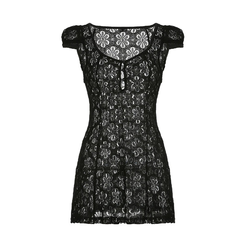 y2k Going Out Mini Lace Dress Summer Women See Through Short Sleeve V Neck Hollow Out Button Down A Line Dress Clubwear