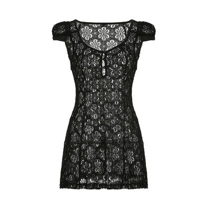 y2k Going Out Mini Lace Dress Summer Women See Through Short Sleeve V Neck Hollow Out Button Down A Line Dress Clubwear