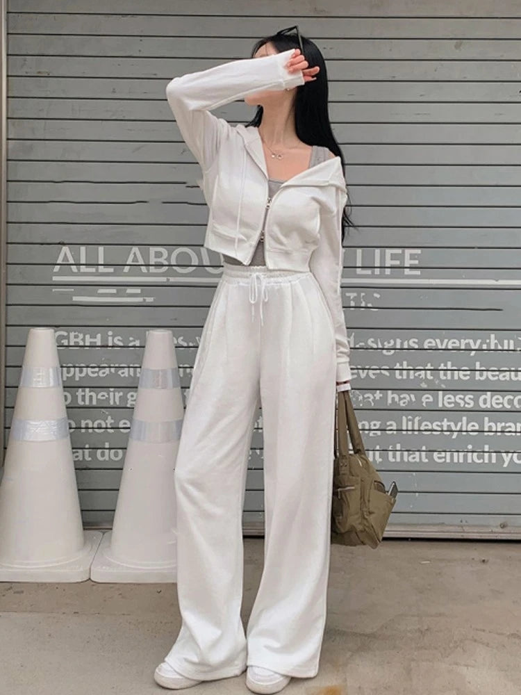 Conjunto de dos piezas de ropa de calle coreana para mujer, chándal de otoño, top corto con capucha y cremallera, pantalones largos, conjuntos casuales lisos.