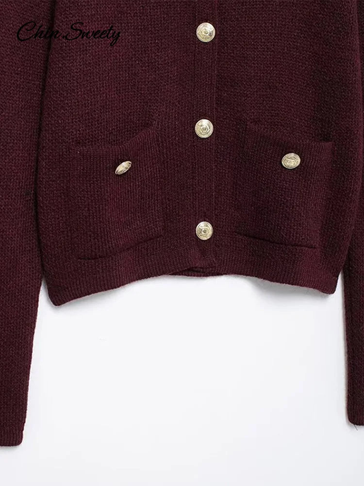 Cárdigan de punto burdeos para mujer, cuello redondo, botonadura sencilla, manga larga, bolsillo, otoño e invierno, prendas de punto que combinan con todo.
