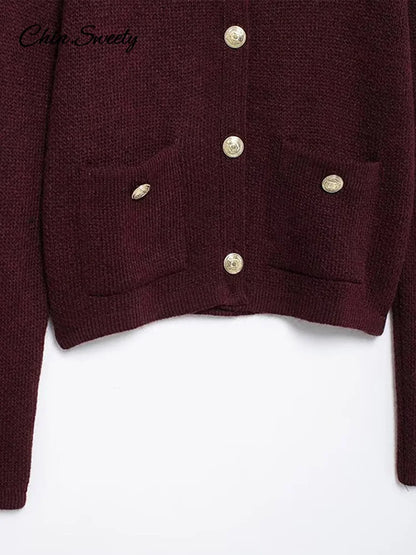 Cárdigan de punto burdeos para mujer, cuello redondo, botonadura sencilla, manga larga, bolsillo, otoño e invierno, prendas de punto que combinan con todo.