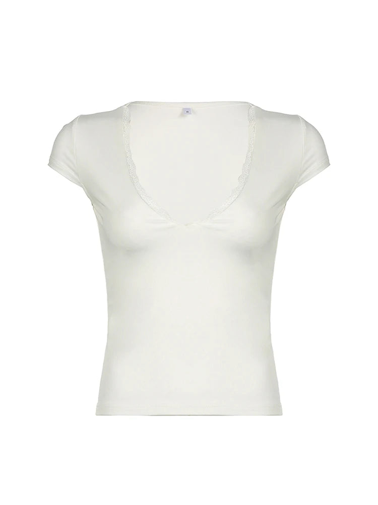 Camiseta básica ajustada de manga corta con cuello en V y ribete de encaje blanco liso para mujer, camisetas coreanas elegantes y sexis a la moda