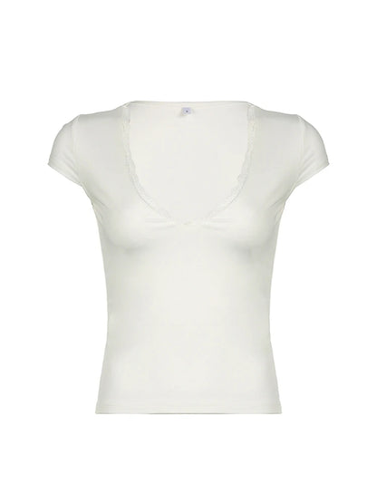 Camiseta básica ajustada de manga corta con cuello en V y ribete de encaje blanco liso para mujer, camisetas coreanas elegantes y sexis a la moda