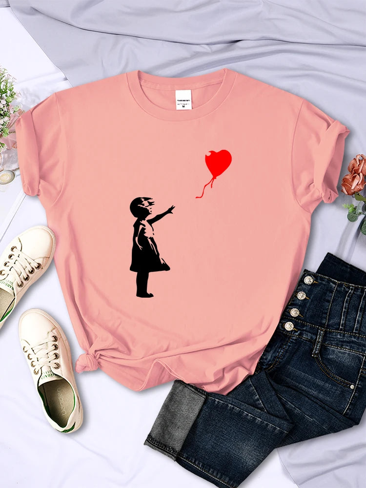 Let’S Fly Love Balloons Prints Womens T-Shirt Soft Breathable Short Sleeve Street Hip Hop Trend Tops Casual Female Tee Clothing