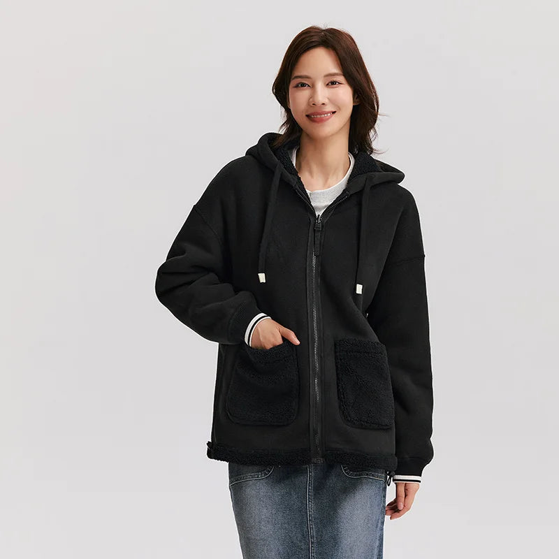 Abrigo de lana de cordero sintética para mujer, forro polar de doble cara, holgado, nuevo, de invierno, con capucha sencilla y en contraste de colores.