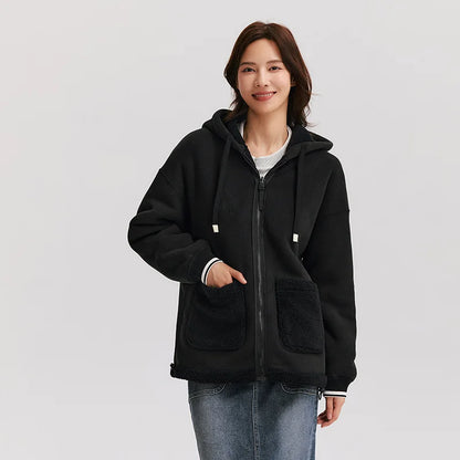 Abrigo de lana de cordero sintética para mujer, forro polar de doble cara, holgado, nuevo, de invierno, con capucha sencilla y en contraste de colores.