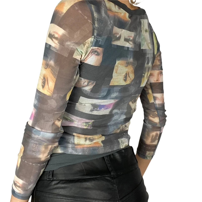 Fairy Grunge Shirt Basic Mesh Print Top Women E Girl Gothic Punk Style T-shirts Tees Clothes Street Tops Womens Clothing