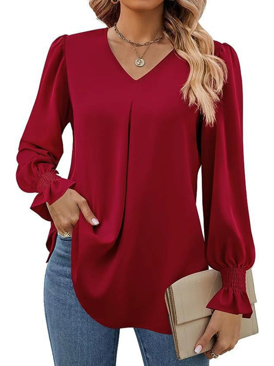 Blusas de primavera y verano para mujer, informales, de manga larga, con cuello en V y colores lisos, DF4998