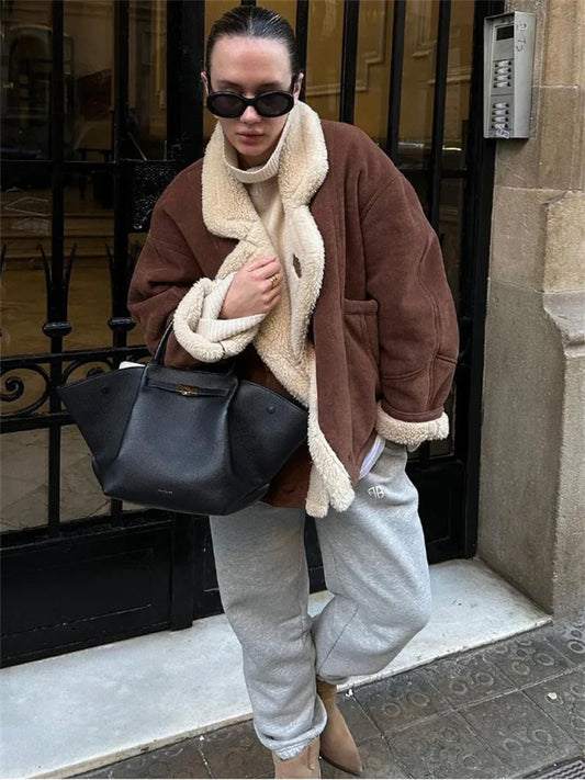 Abrigo holgado de invierno a la moda para mujer, chaqueta con bolsillo de solapa, abrigo de calle, ropa de calle con contraste, prendas de vestir vintage para mujer 2025