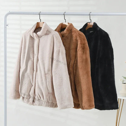 Abrigo de felpa extragrande para mujer, chaqueta de invierno gruesa y cálida acolchada de piel sintética de conejo, chaqueta bomber con pelo grueso para adolescentes.