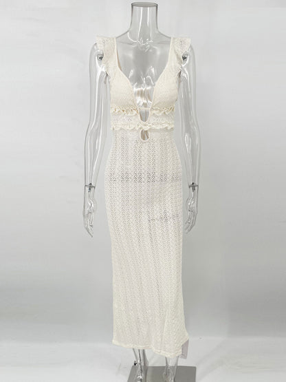 Knit V-Neck Fashion Maxi Dress Women’s Slim High Waist See-Through Patchwork Bandage Backless Dress Female Knitwear Dress