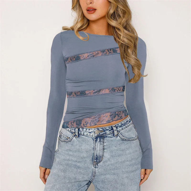 y2k Long Sleeve Tops 2000s Clothes Women See Through Lace Patchwork Round Neck Irregular Hem T Shirt Aesthetic Clothing