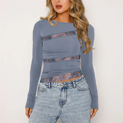 y2k Long Sleeve Tops 2000s Clothes Women See Through Lace Patchwork Round Neck Irregular Hem T Shirt Aesthetic Clothing