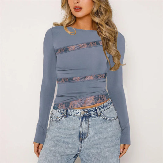 y2k Long Sleeve Tops 2000s Clothes Women See Through Lace Patchwork Round Neck Irregular Hem T Shirt Aesthetic Clothing