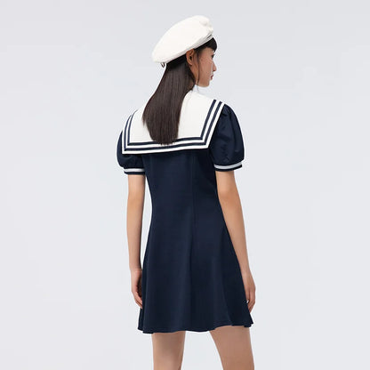 Vestido de verano para mujer, con mangas abullonadas, dulce, nuevo, con temperamento en contraste, cuello azul marino, vestido de primer amor, estilo academia.