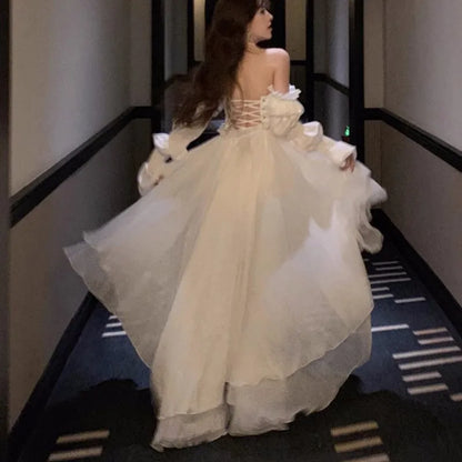 Elegantes vestidos de fiesta de noche para mujer, con mangas abullonadas, hombros descubiertos, con cordones, para boda, graduación, vestido de baile, corte A, Y2K, vestidos midi nuevos