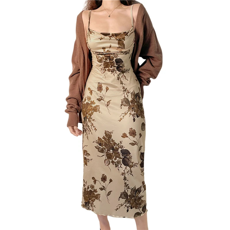 Vestido vintage Y2K con estampado floral de hadas y grunge para mujer, tirantes finos fruncidos, vestidos de fiesta ajustados para mujer