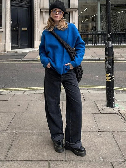Suéteres casuales de punto con cuello redondo para mujer, suéter retro para adictos al trabajo, suéter femenino elegante de otoño, prendas de punto sencillas de calle