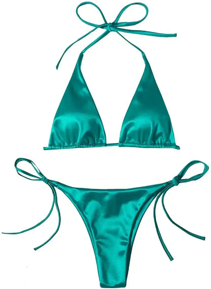 Bikini Satin Silk Swimsuit Women Swimwear Push Up Set Brazilian Bathing Suit Summer Two Pieces Self-tie Beach Wear Swimsuit
