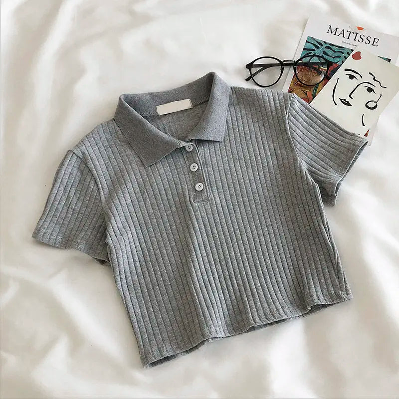 Camisa corta de cuello polo de punto para mujer, blusa básica juvenil de manga corta de color liso para verano