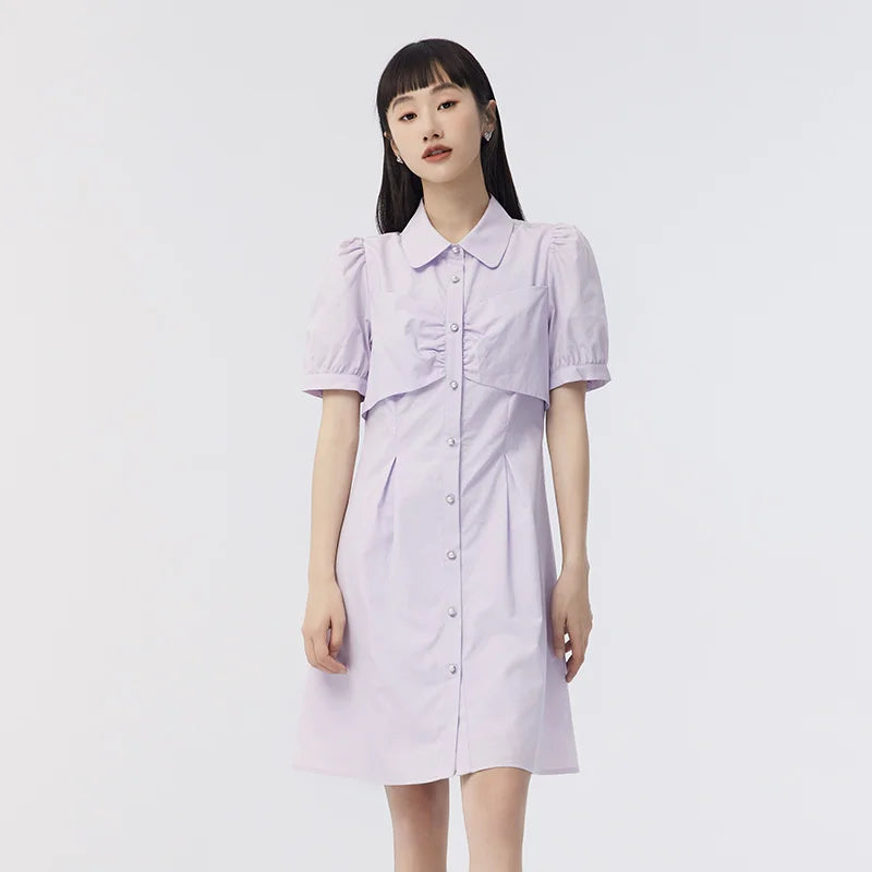 Dress Women Puff Sleeves Sweet Gentle  Summer New Temperament Solid Color Exquisite Shirt Dress