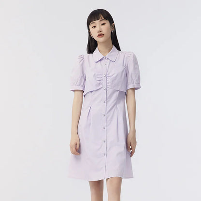 Dress Women Puff Sleeves Sweet Gentle  Summer New Temperament Solid Color Exquisite Shirt Dress
