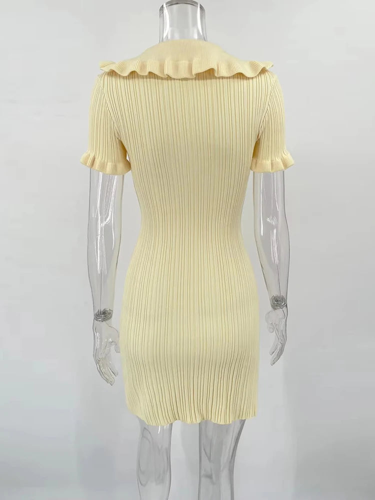 High Waist Ruffled Mini Dresses For Women Summer Short Sleeve Knitted Slim Fit Dress Women’s Vintage Dress Woman Elegant