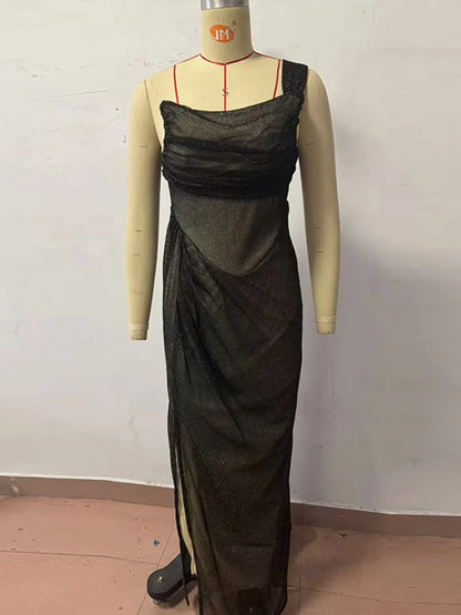 Sexy Sequin Single Shoulder Long Dress Women Vintage Glitter Pleated Sleeveless Tube Dresses Female Spring Chic Evening Holiday