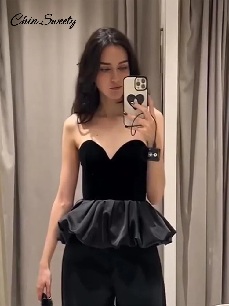 Sexy Off Shoulder Velvet Spliced Tube Top Women Black Backless Strapless Ruched A-line Tank Female 2025 Fashion Lady Party Gown