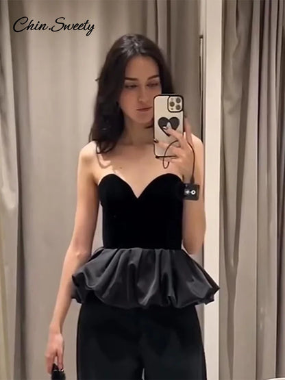 Sexy Off Shoulder Velvet Spliced Tube Top Women Black Backless Strapless Ruched A-line Tank Female 2025 Fashion Lady Party Gown