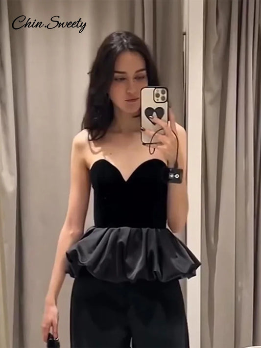 Sexy Off Shoulder Velvet Spliced Tube Top Women Black Backless Strapless Ruched A-line Tank Female 2025 Fashion Lady Party Gown