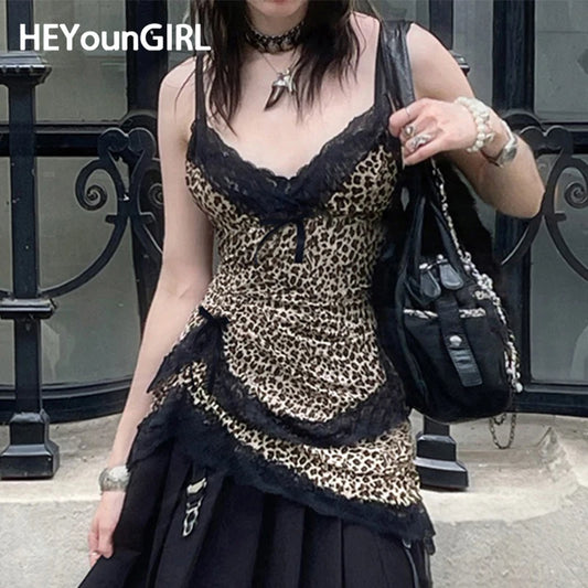 Camisola de encaje de leopardo con retazos estilo gótico Y2K, estilo urbano, con escote en V y lazo, estilo chaleco estético de moda para chicas