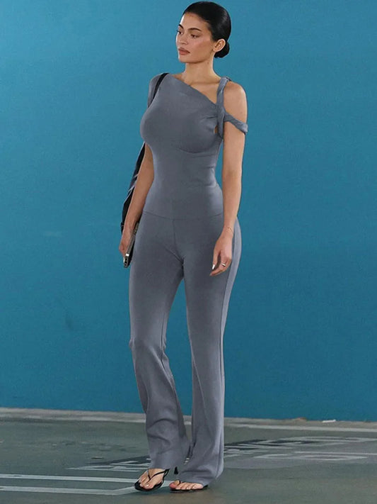Traje de pantalón de moda con un hombro descubierto y espalda descubierta, de verano, de color liso, informal, ajustado y elegante, conjunto de 2 piezas para mujer