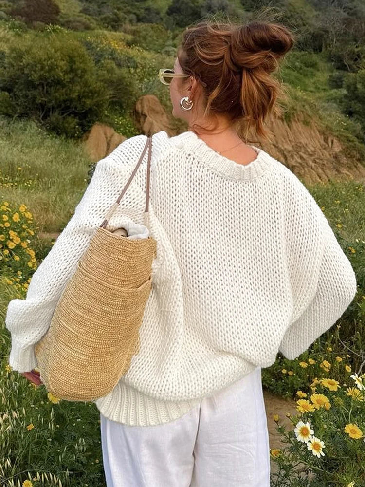 Suéteres casuales de punto con cuello redondo y aberturas para mujer, suéter holgado de manga larga liso, tops elegantes de calle para otoño