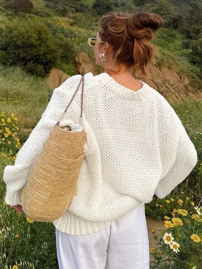 Suéteres casuales de punto con cuello redondo y aberturas para mujer, suéter holgado de manga larga liso, tops elegantes de calle para otoño