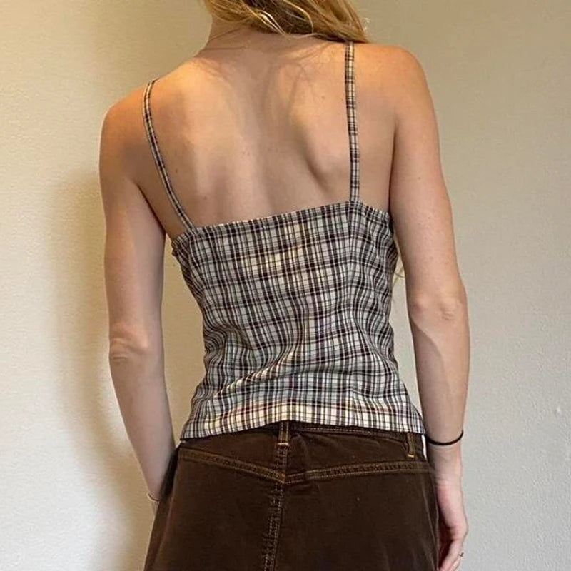 Chaleco a cuadros Y2K para mujer, estilo retro, con botones y abertura en el bajo, camisola estética chic, moda sin mangas, conjuntos de verano 2025