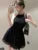Elegante vestido negro con cuello halter para mujer, novedad de verano, sin espalda, con volantes, corte en A, vestido coreano para fiesta de cumpleaños, graduación, vestidos cortos para mujer