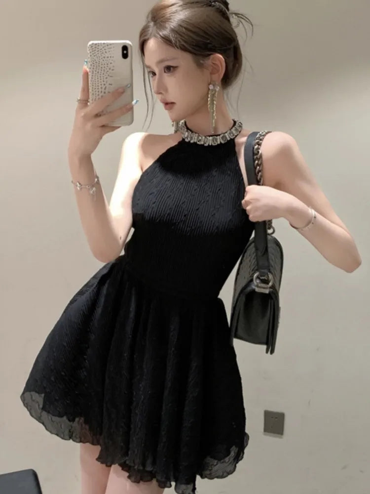Elegante vestido negro con cuello halter para mujer, novedad de verano, sin espalda, con volantes, corte en A, vestido coreano para fiesta de cumpleaños, graduación, vestidos cortos para mujer