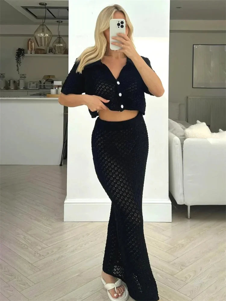 Conjunto de dos piezas de punto calado para mujer, falda larga, top corto, cárdigan y falda larga de cintura alta, ropa femenina