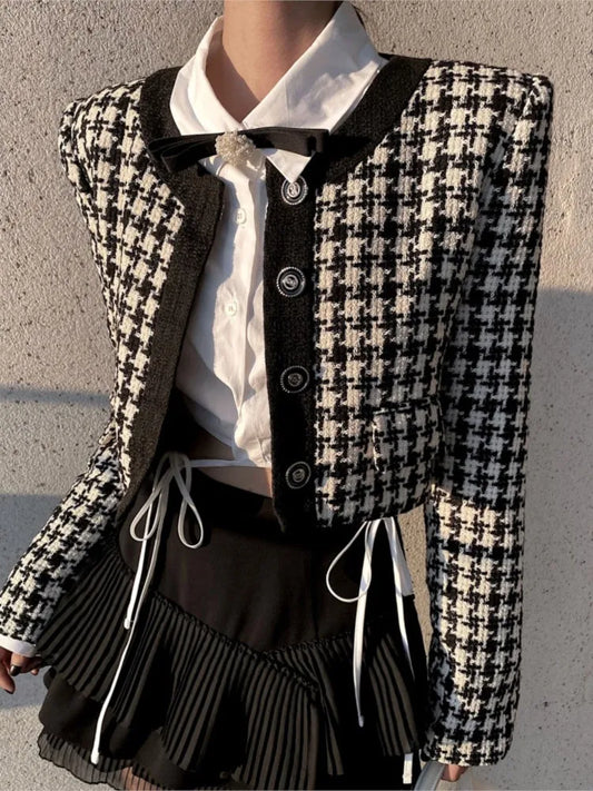 Elegante chaqueta corta para mujer, estilo francés vintage, de un solo pecho, manga larga, cuello redondo, otoño Y2k, abrigos de pata de gallo que combinan con todo, nuevo
