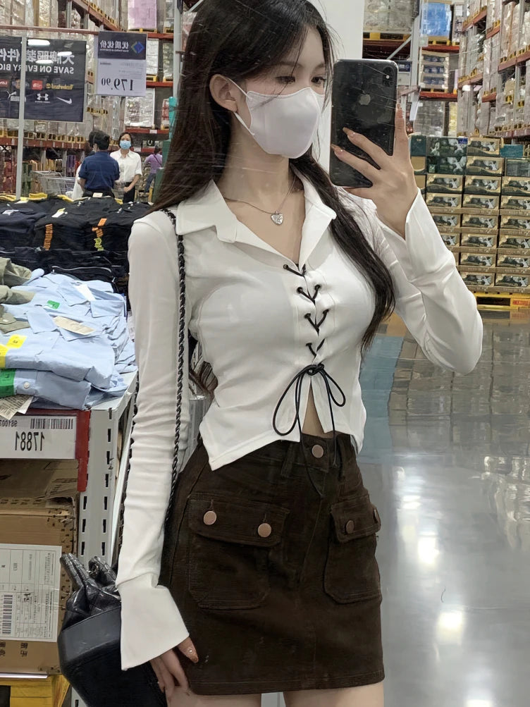Blusas de manga larga con cordones para mujer, estilo coreano Dongdaemun, estilo juvenil, básicas, cortas, blancas y negras, para otoño