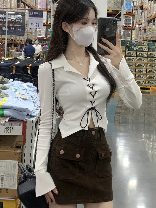 Blusas de manga larga con cordones para mujer, estilo coreano Dongdaemun, estilo juvenil, básicas, cortas, blancas y negras, para otoño