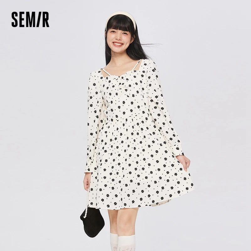 Dress Women Texture Fungus Edge Floral Dresses Temperament  Autumn New Waist Square Collar Dress